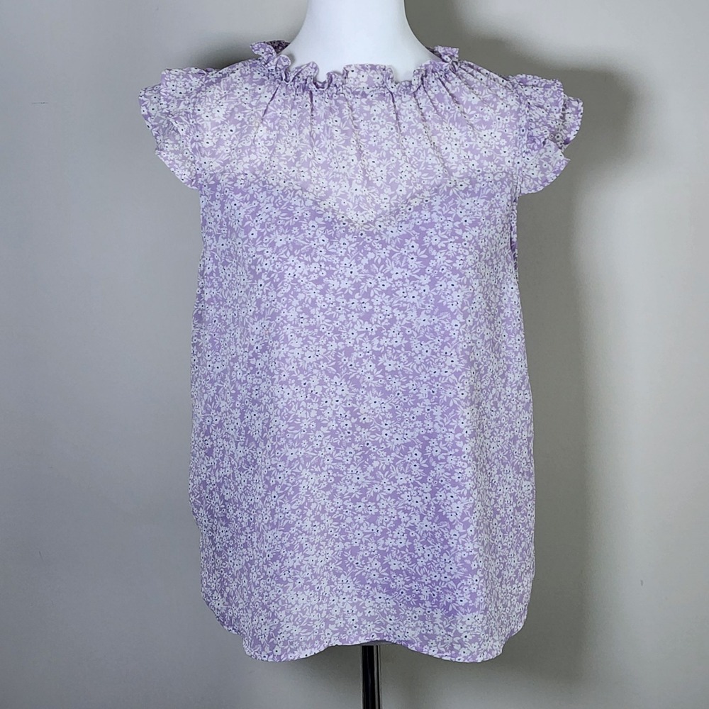 Monteau Floral Flutter Sleeve Blouse Womens Large Purple Ruffle Neck Chiffon Top
